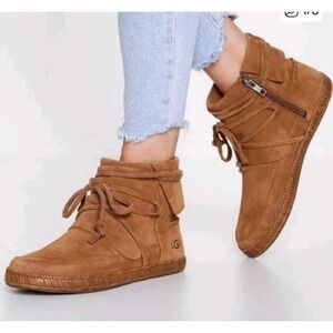 UGG Reide Ankle Bootie Suede Leather Womens 6 Brown Moccasin Side Zip Boho